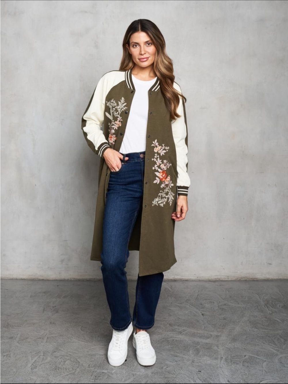 Paparazzi Embroidered Long Bomber Jacket Coat - Olive & Cream